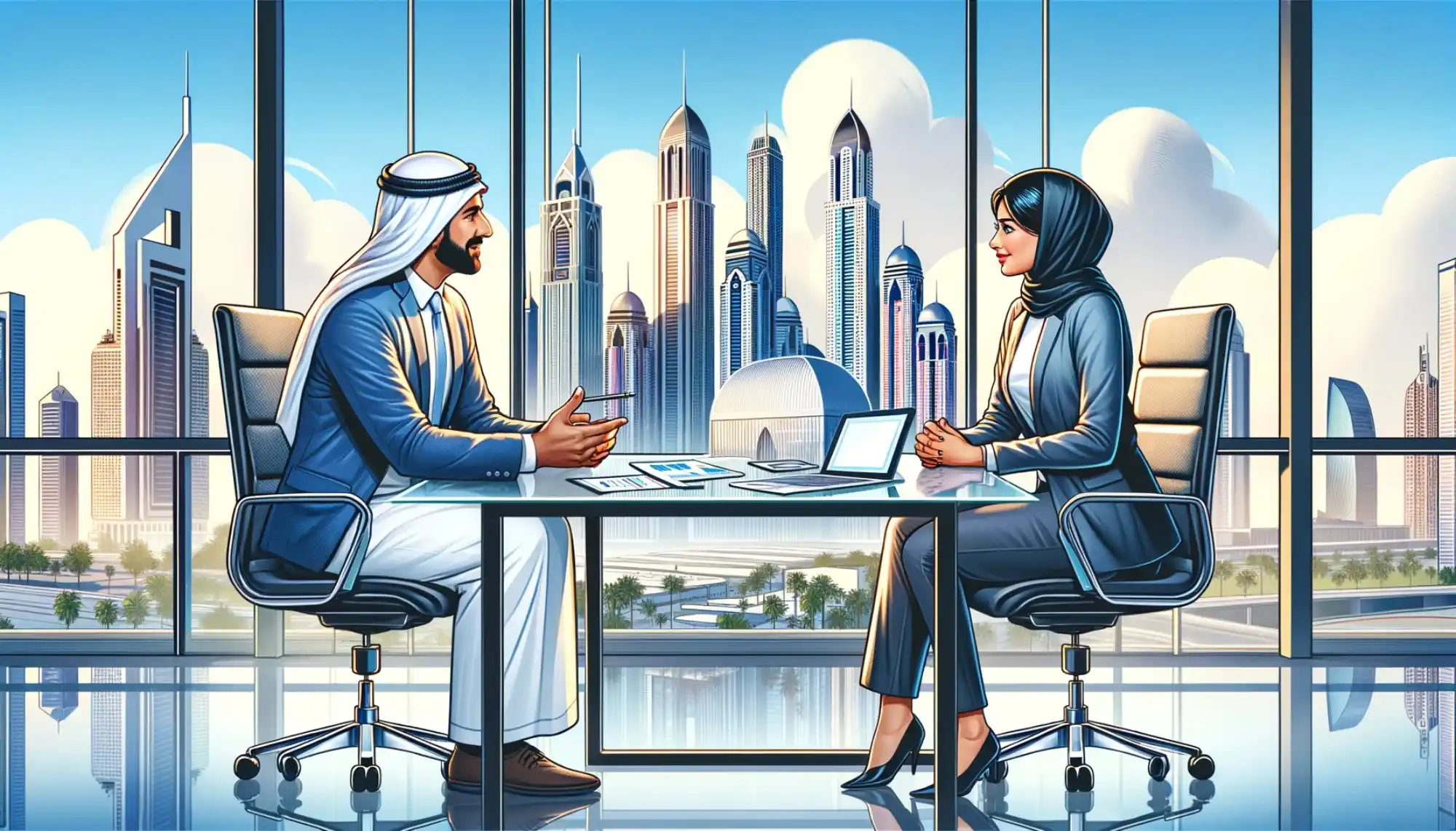 2 business man in UAE discussing about whether he can start business in dubai mainland zone as he is a in free zone now